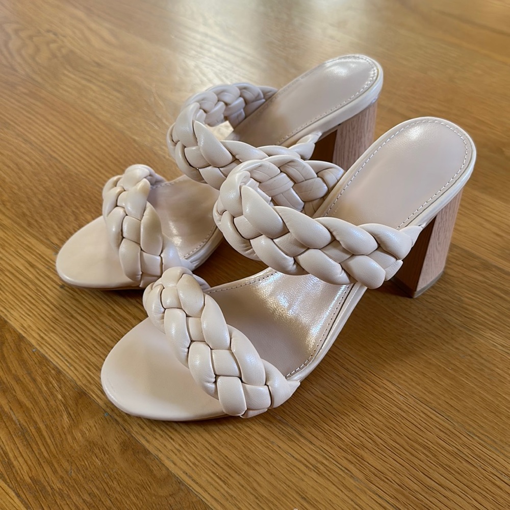 NEW in box women’s braided heeled sandals chunky heel slip on backless mules